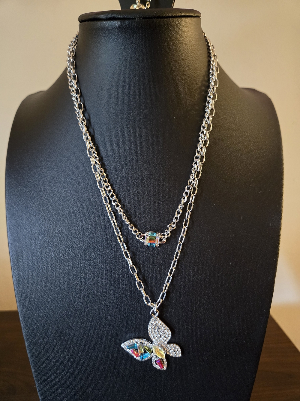 Silver Butterfly Pendant Necklace with Multicolor Crystals - Women Jewelry